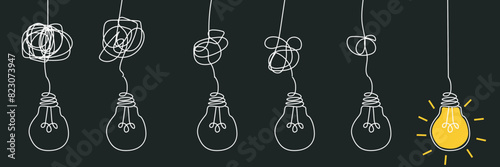 illustration of a lamp with random, chaotic cables slowly coming undone. concept of finding ideas