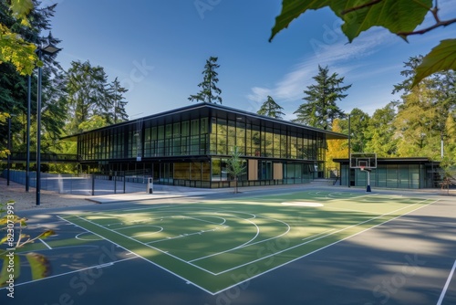 A small modern sports center with a multipurpose court for basketball and volleyball, surrounded by lush trees