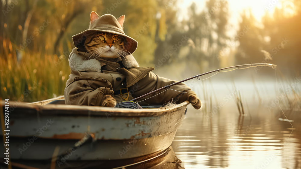 Obraz premium A cat dressed in a fishing outfit sits in a boat, holding a fishing rod on a tranquil lake during a misty sunrise.