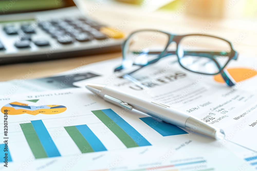 Financial documents with graphs, calculator, and glasses on a desk. Financial documents with graphs, calculator, and glasses on a desk.
