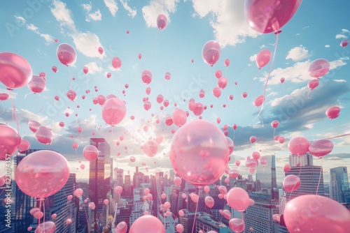 Digital 3d picture of pink balloons levitating and interacting with the city