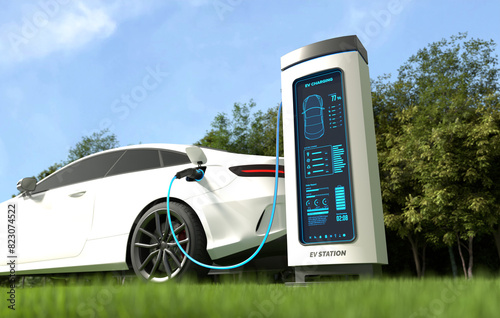 Electric car is charging the battery at the Ev charging station. 3D illustration