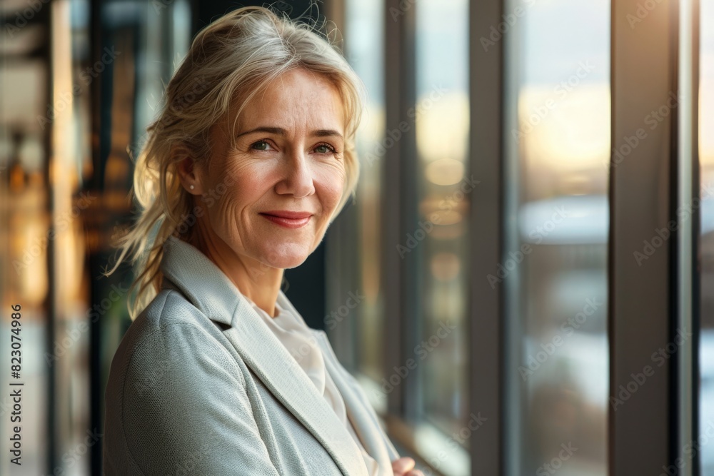 Portrait of smiling mature businesswoman standing by the window in office Portrait of smiling mature businesswoman standing by the window in office