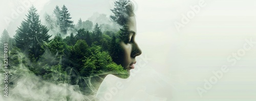 Double exposure of a womans head blended with a serene forest landscape, isolated on white Copy space, symbolizing inner peace and connection with nature