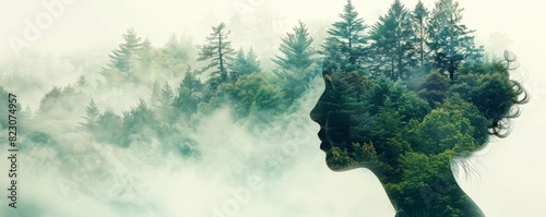 Double exposure of a womans head blended with a serene forest landscape, isolated on white Copy space, symbolizing inner peace and connection with nature