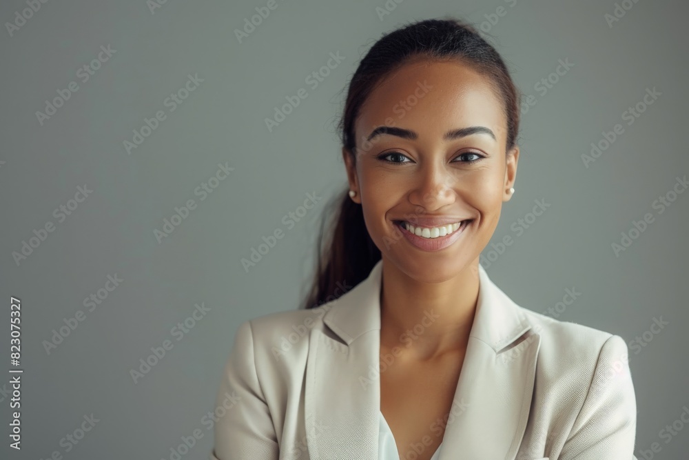 Smiling businesswoman over gray background Smiling businesswoman over gray background