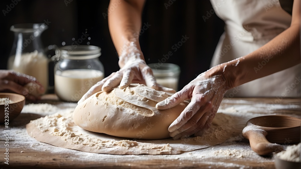 Early in the morning, artisan hands kneading bread dough with flour dusted on a vintage wooden table