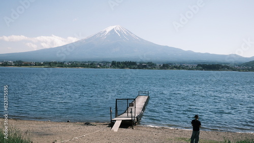 the pier and lake of kawaguchiko and Mt. Fuji photo