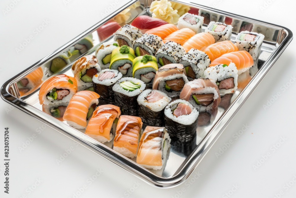 Extensive assortment of fresh sushi and sashimi on a stainless steel tray, perfect for gatherings and events. Extensive assortment of fresh sushi and sashimi on a stainless steel tray, perfect for gatherings and events.