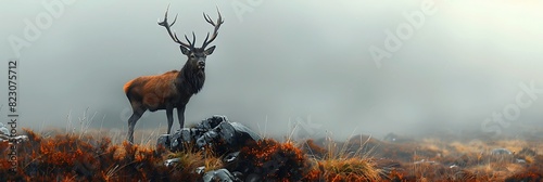 Amidst rugged terrain of the Scottish Highlands a solitary stag surveys his kingdom from atop a mistcovered hill photo