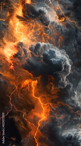abstract background with lightning, dark sky and clouds, smoke in the air, energy flow concept