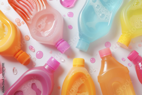 Colorful assortment of household cleaning products in vibrant plastic bottles on a white background, promoting hygiene and freshness.
