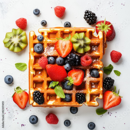 Delicious waffle topped with fresh strawberries  blueberries  and kiwi  sprinkled with powdered sugar  ideal for a gourmet breakfast.