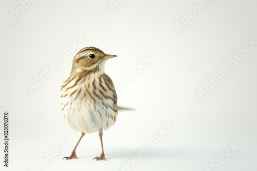 Small brown and white songbird standing alone on a seamless white background, looking to the side.
