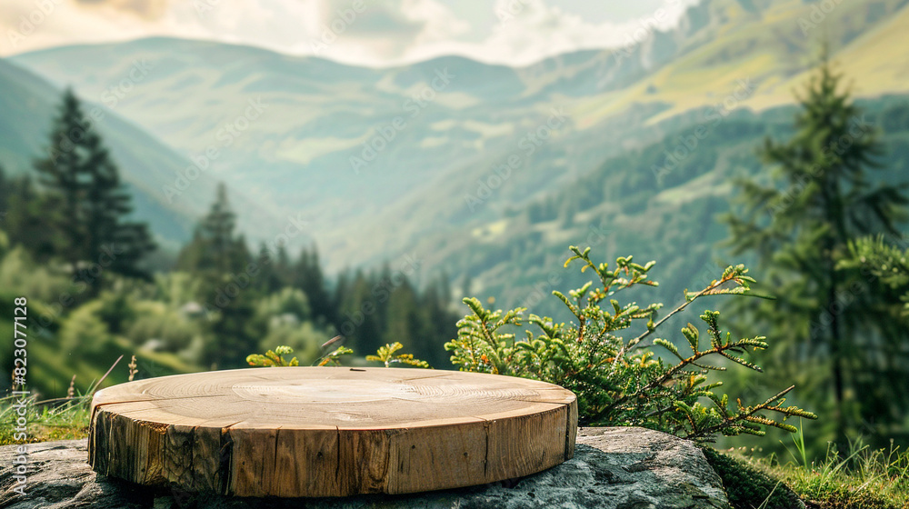Wooden podium for natural products in mountains nature.