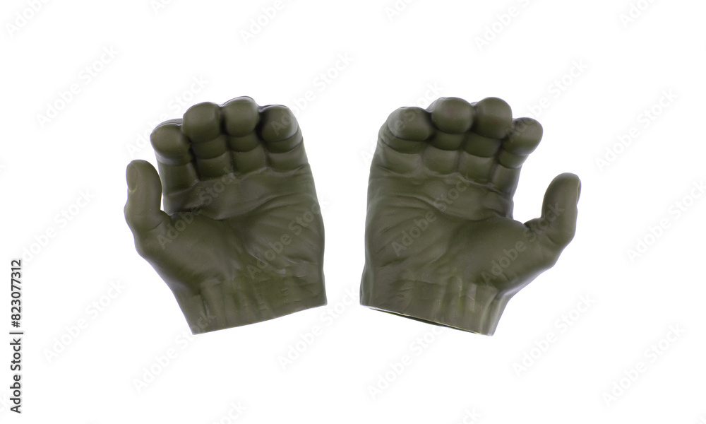 toy green superhero hands isolated on white background toy green superhero hands isolated on white background