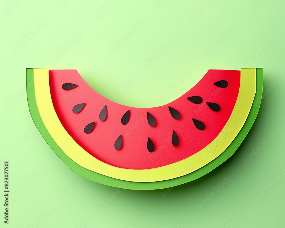 Colorful and modern paper art of a watermelon slice on a pastel green background, showcasing creative summer fruit concept.