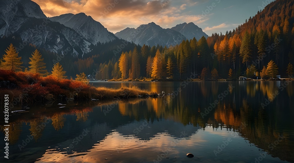 Fantastic autumn sunset of Hintersee lake and mountain.generative.ai