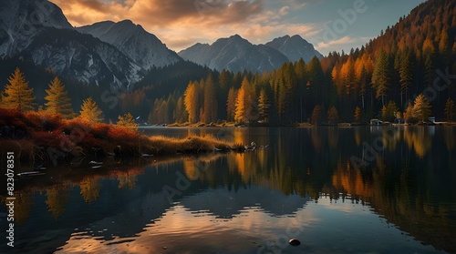 Fantastic autumn sunset of Hintersee lake and mountain.generative.ai photo