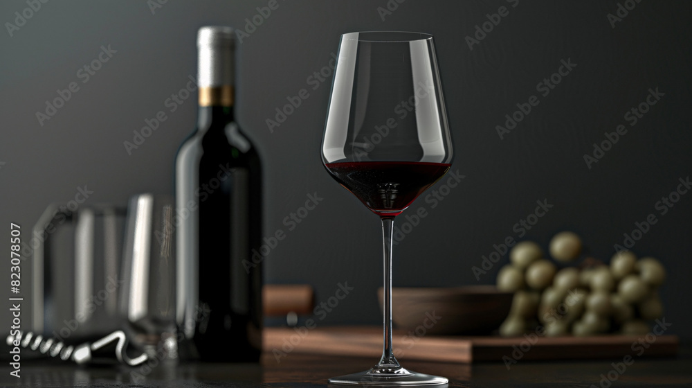 Fototapeta premium Elegant glass of red wine and bottle. A sophisticated image of a glass of red wine with a bottle in the background, perfect for wine-related content.