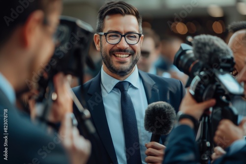 Adult formal man of government deputy talking to group of journalists and giving interview with smile looking excited with success photo