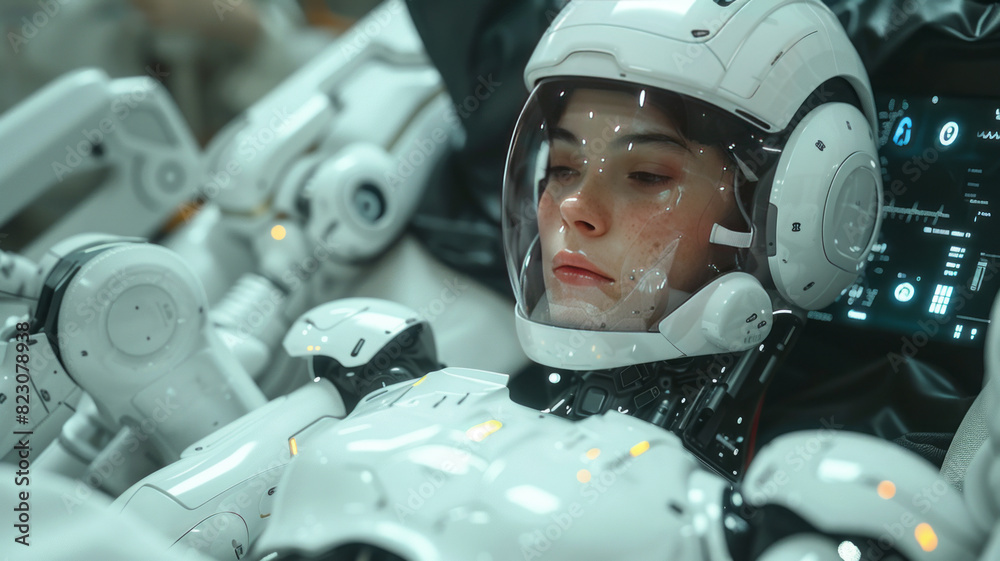 a human patient laying in a futuristic hospital bed, being helped up by a robot, lerning to walk again,generative ai a human patient laying in a futuristic hospital bed, being helped up by a robot, lerning to walk again,generative ai