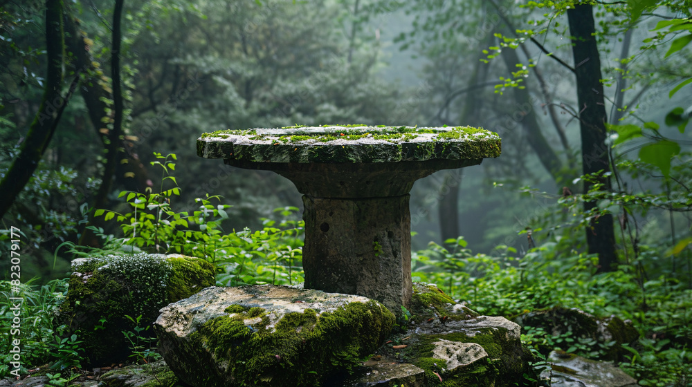 Elegant stone podium set in a tropical forest, great for showcasing luxury products Elegant stone podium set in a tropical forest, great for showcasing luxury products