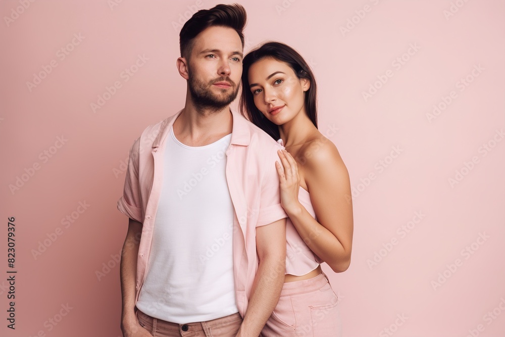 A man and a woman are standing together, both wearing pink shirts A man and a woman are standing together, both wearing pink shirts