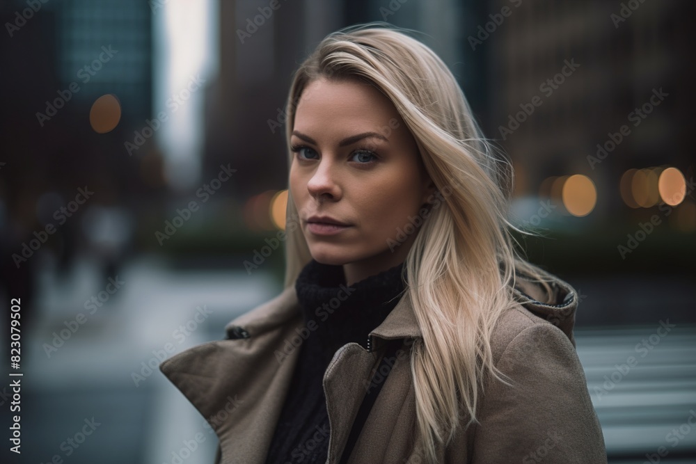 A blonde woman wearing a black coat and a scarf stands in front of a building A blonde woman wearing a black coat and a scarf stands in front of a building