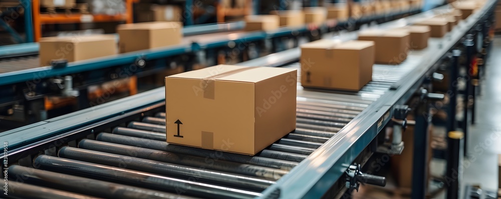 Automated Conveyor Belt System in Logistics Warehouse for E commerce Fulfillment Automated Conveyor Belt System in Logistics Warehouse for E commerce Fulfillment