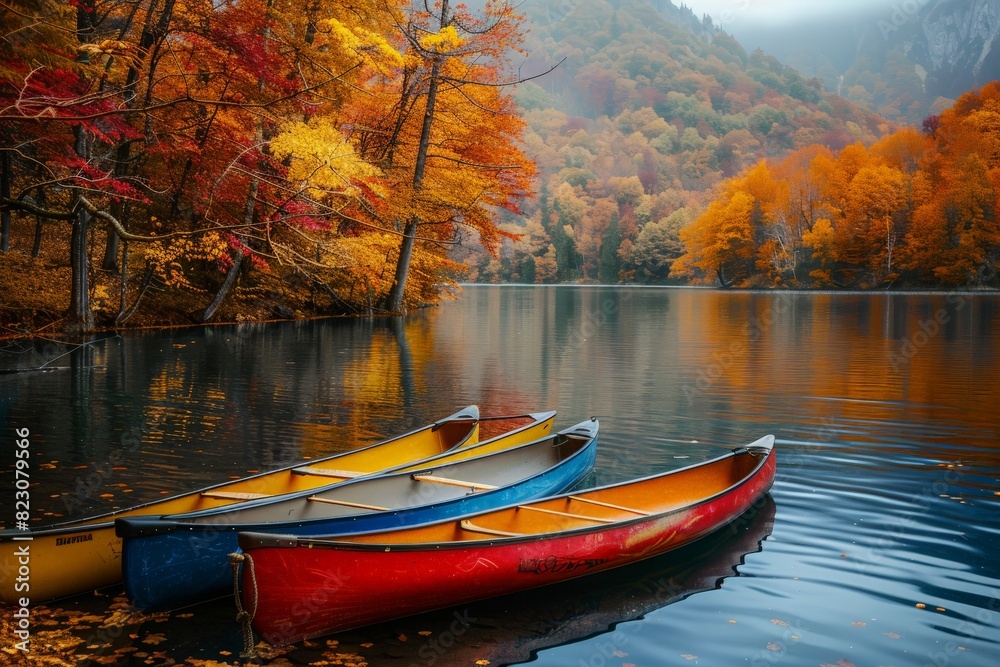 Obraz premium Canoes On Lake In Beautiful Fall Peak Color