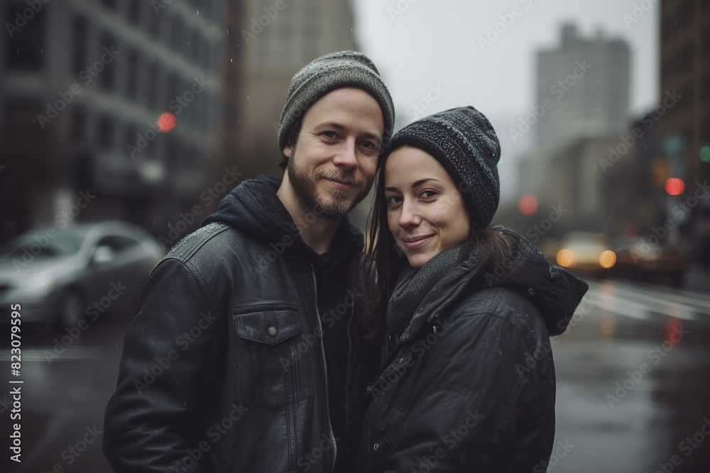 A man and woman are standing on a wet street, both wearing hats