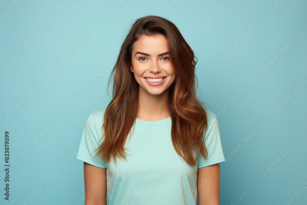 A woman with long brown hair is smiling and wearing a blue shirt A woman with long brown hair is smiling and wearing a blue shirt