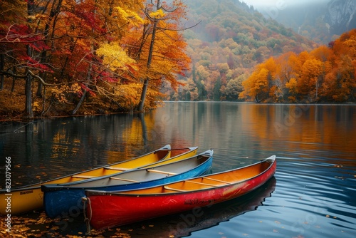 Canoes On Lake In Beautiful Fall Peak Color © Ahmed