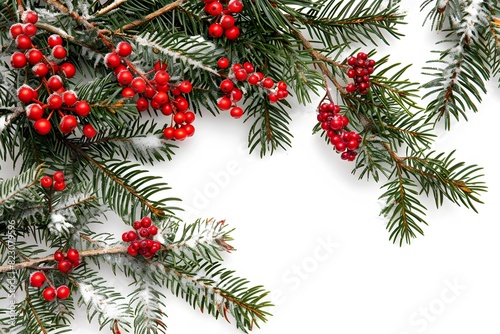 Christmas tree branches with red berries and snow on white background