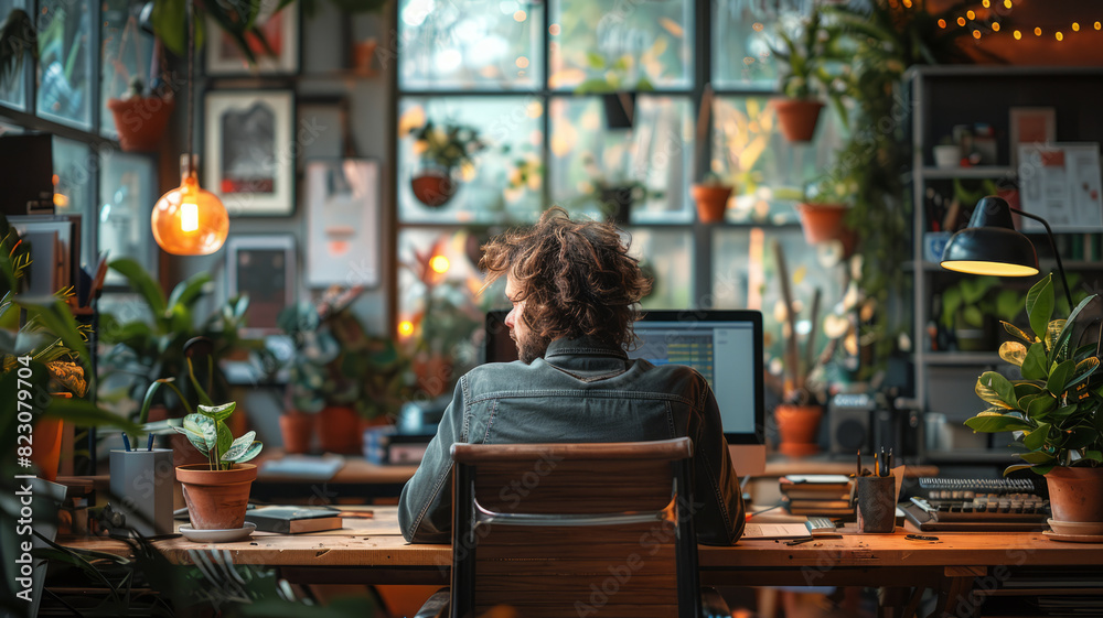 A graphic designer at a sleek, modern desk working diligently on a creative project.generative ai A graphic designer at a sleek, modern desk working diligently on a creative project.generative ai