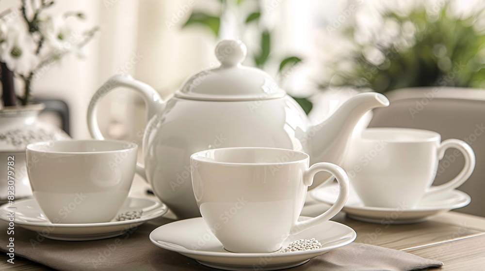 White tea set on table. Elegant white tea set including teapot and cups arranged on a table, perfect for a relaxing tea time. White tea set on table. Elegant white tea set including teapot and cups arranged on a table, perfect for a relaxing tea time.
