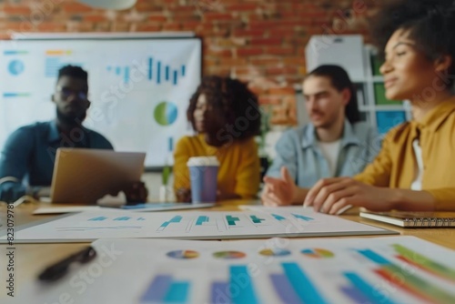 Close up of Diverse colleagues gather brainstorm discuss financial statistics at office meeting. finance, teamwork, Big data Graphs Charts concept