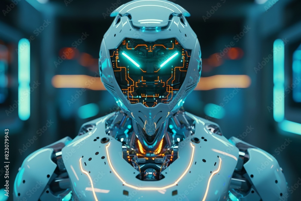 Futuristic robot with glowing circuits in a science laboratory . Cyberspace and technology concept .This is a 3D Illustration Futuristic robot with glowing circuits in a science laboratory . Cyberspace and technology concept .This is a 3D Illustration