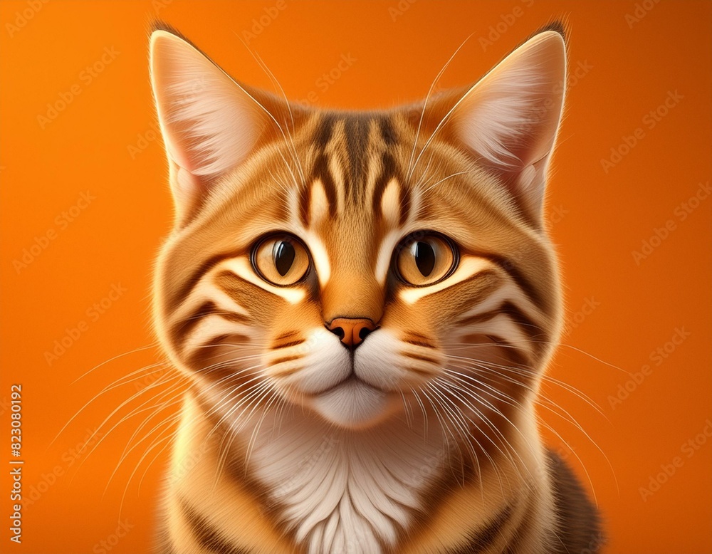 Studio portrait of a 3D rendered cat against an orange backdrop. The ...