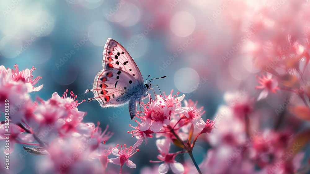 Beautiful butterfly on pink flowers, with a blue background, for a mobile wallpaper, in the style of copy space. The beautiful butterfly has beautiful wings in a hyper realistic photography style, Beautiful butterfly on pink flowers, with a blue background, for a mobile wallpaper, in the style of copy space. The beautiful butterfly has beautiful wings in a hyper realistic photography style,