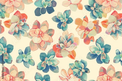 Colorful succulent pattern with pastel hues on beige background