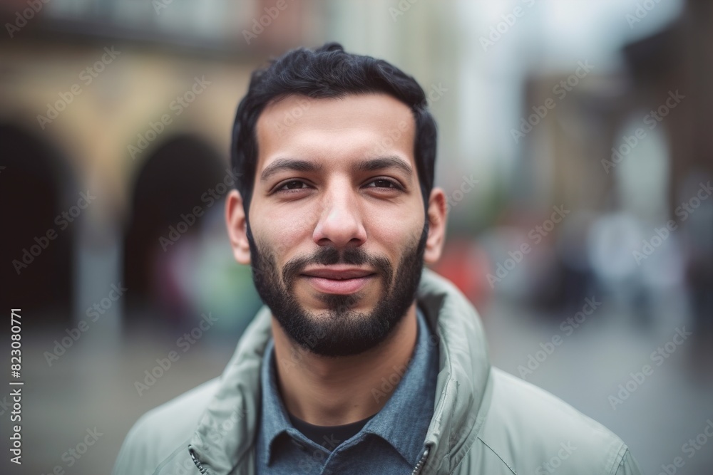 A man with a beard and a jacket is smiling A man with a beard and a jacket is smiling