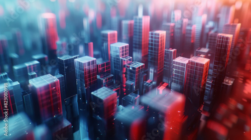 Abstract background with a futuristic cityscape made of cubes  using a blue and red color palette  in a 3D rendered illustration. Background suitable for a business presentation. Generative AI.
