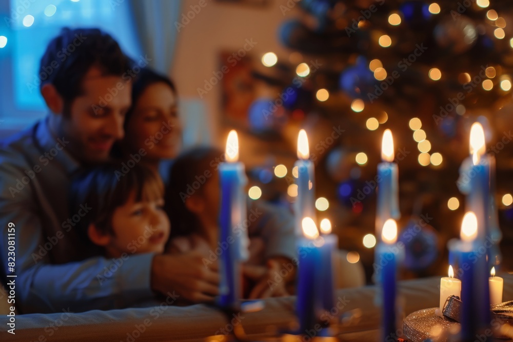 Lit candles in menorah during Hanukkah celebration. The family is in the background Lit candles in menorah during Hanukkah celebration. The family is in the background
