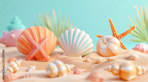 Generate a photo of a beach with seashells. The seashells should be in the foreground and the beach should be in the background. The image should be warm and inviting. 3D illustration with copy space photo