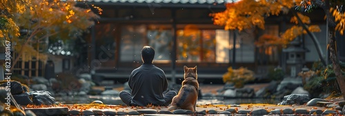 Amidst serene tranquility of a Zen garden a zenlike shiba inu named Kiko sits serenely beside his owner his stoic demeanor and wise gaze reflecting the ancient wisdom of his Japanese heritage photo