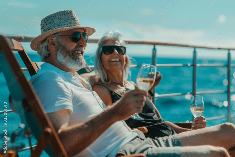 Mature couple drinking wine out on the deck. They are happy and smiling sitting in deck chairs. The sea is in the background