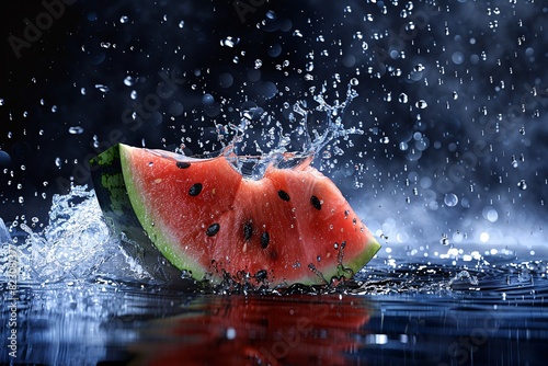a watermelon with water splashing