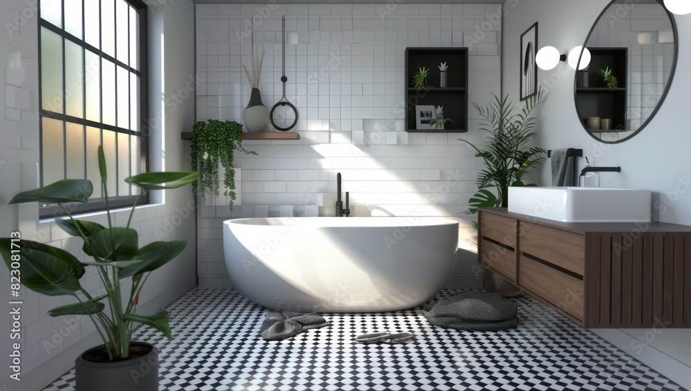 Fototapeta premium Modern bathroom with black and white tiles